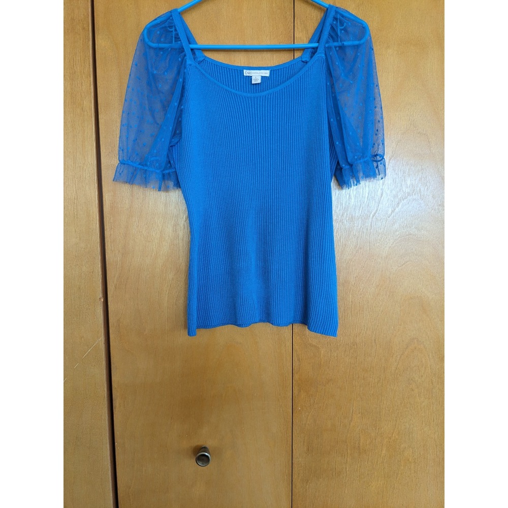 Cato Royal Blue Ribbed Knit Top Sheer Swiss Dot Puff Sleeve Ruffle Scoop Neck L